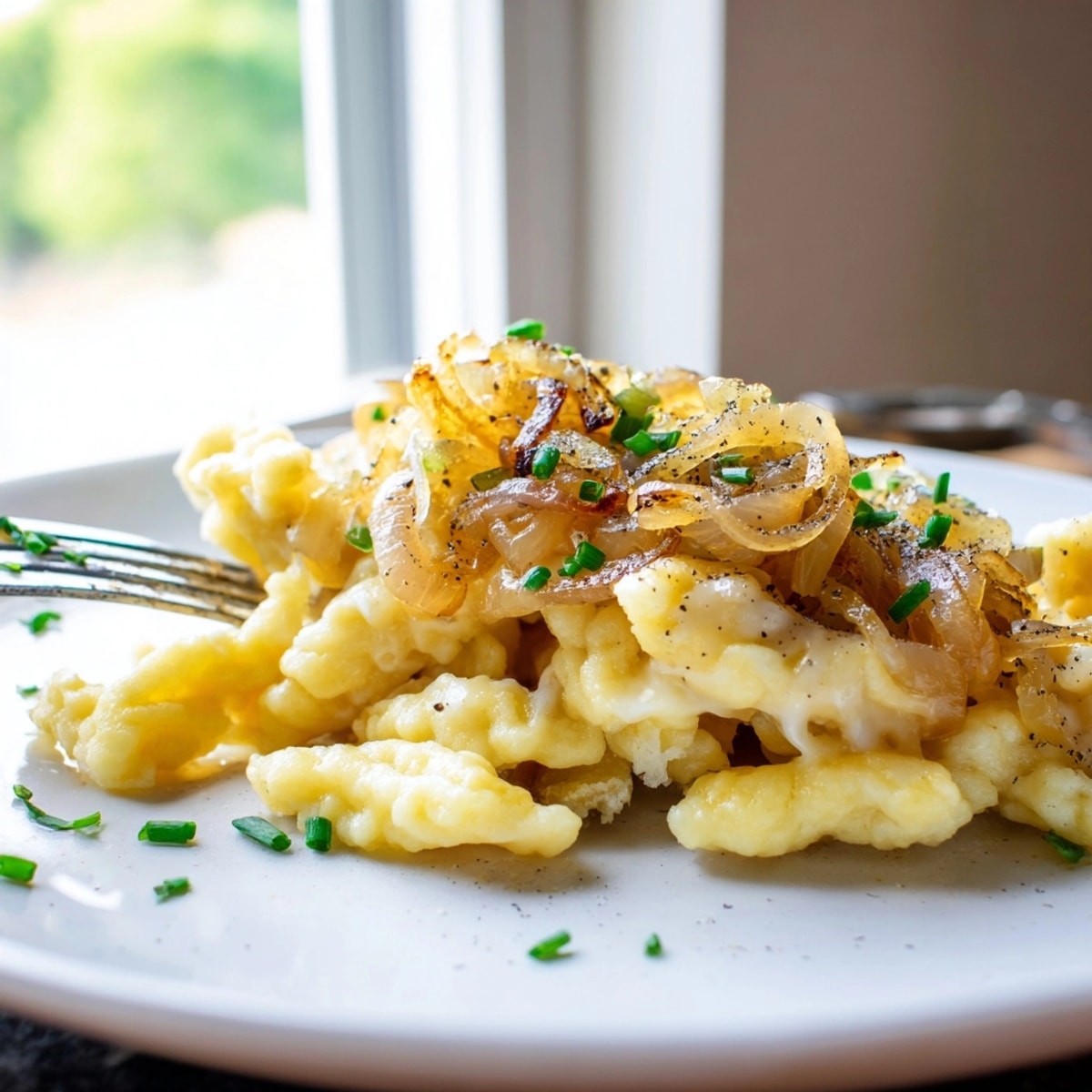 Nahaufnahme von geschmolzenem Käse auf selbstgemachten Käse-Spätzle mit süßen karamellisierten Zwiebeln.