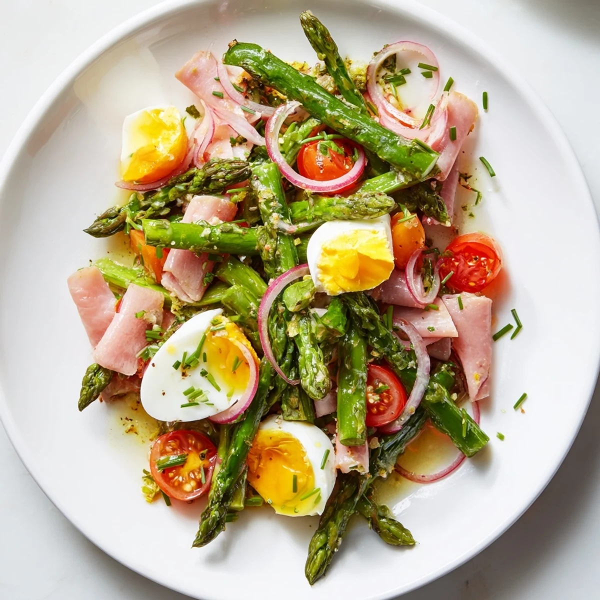 Frischer Asparagussalat mit ham und Eiern, serviert mit einem würzigen Dressing.