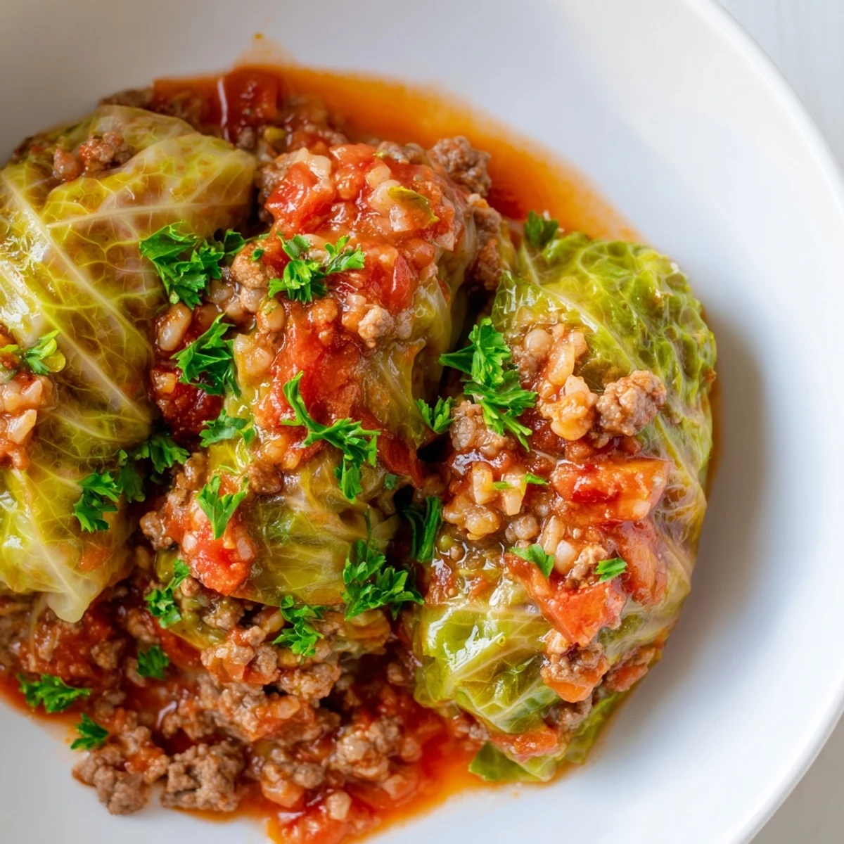 Ein herzhaftes Gericht, das Unstuffed Cabbage Rolls mit frischem Petersilien-Topping serviert.