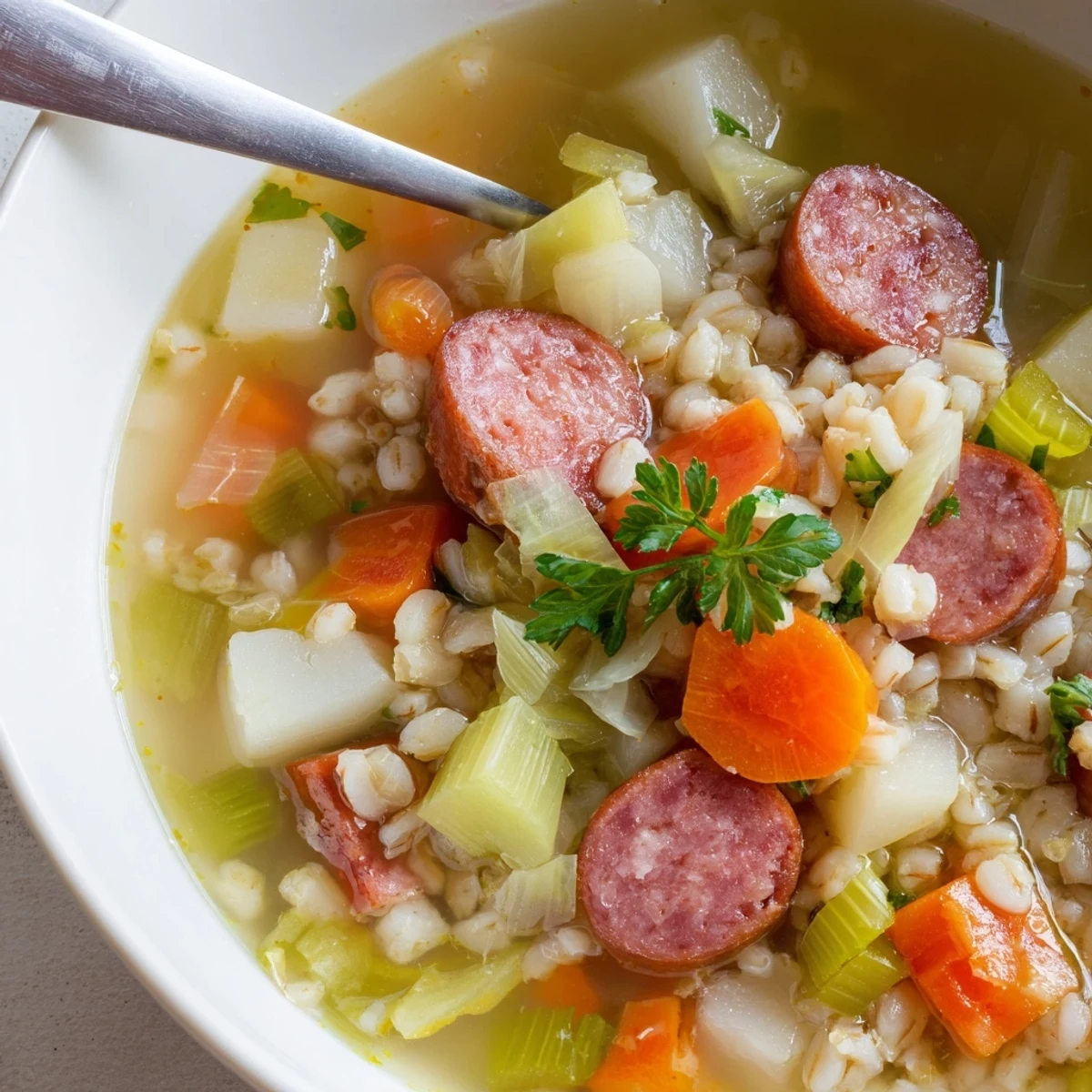 Herzhafte deutsche Gerstensuppe mit Rinderbrühe, Gemüse und geräucherter Wurst serviert.