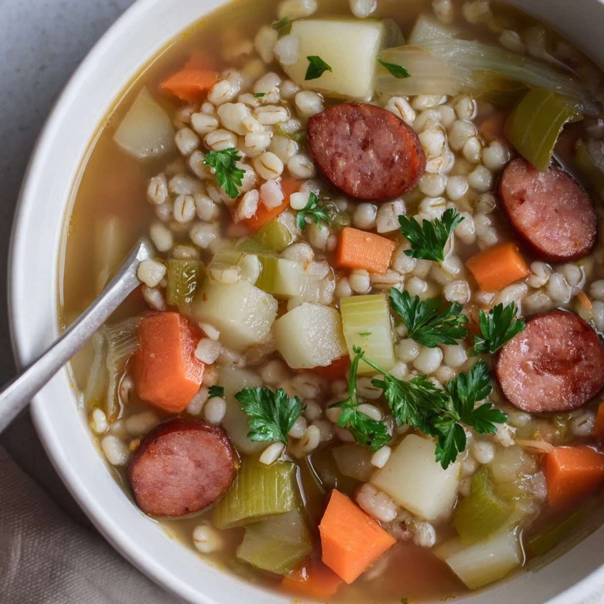 Dampfen Sie aromatische deutsche Gerstensuppe, gefüllt mit köstlichen Wurzeln und Würstchen.