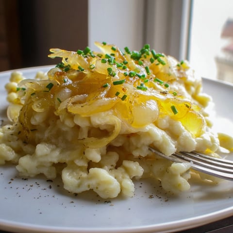 Herzhaftes Käse-Spätzle mit karamellisierten Zwiebeln, ein traumhaft cremiger Eindruck aus dem Ofen.