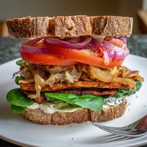 Räucherspeck-Tempeh und Kümmelsauerkraut-Sandwiches mit frischem Gemüse dekoriert  